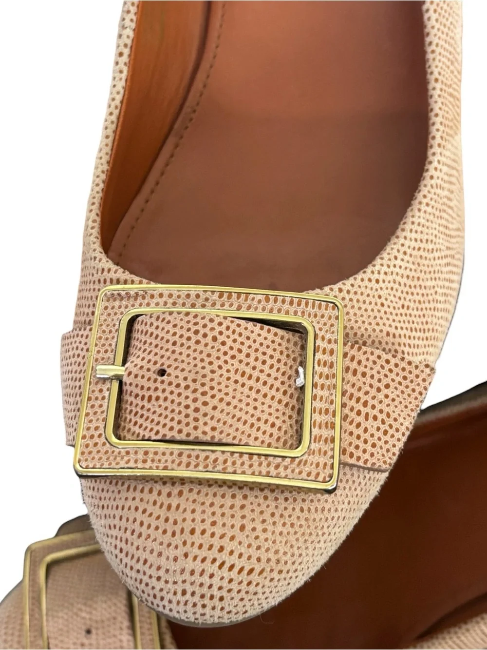 Via Spiga Faina Wedge Pump Beige Lizard Embossed Leather Buckle Heel 8.5